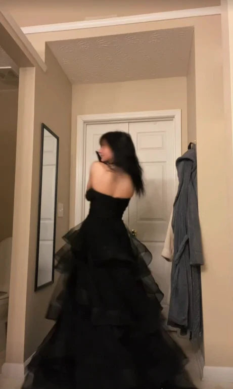 A Line Sweetheart Neck Black Tiered Tulle Long Prom Dress Evening Dress